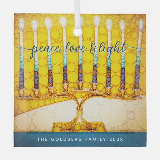 Yellow Hanukkah Menorah Peace Love Light Script  Glass Tree Decoration (Front)