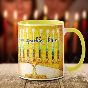 Yellow Hanukkah Menorah Peace Sparkle Shine Script Mug