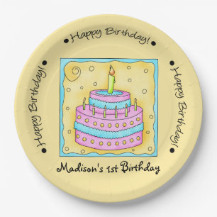 Yellow Happy 1st Birthday Cake Name Personalised Paper Plate