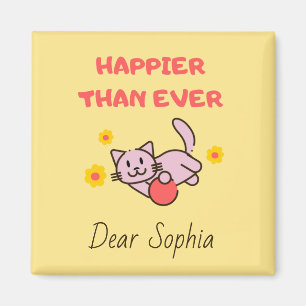 Yellow Happy Cat with Flowers  Magnet
