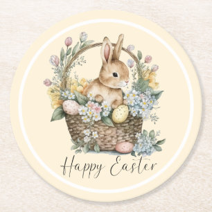 Yellow Happy Easter Bunny Round Paper Coaster