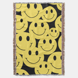 yellow happy face smiles black throw blanket