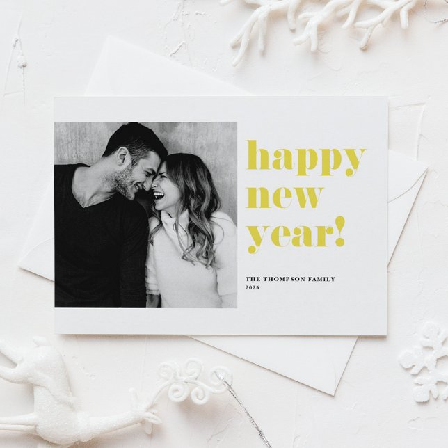 Yellow Happy New Year 2025 Bold Typography Photo Holiday Card (Creator Uploaded)