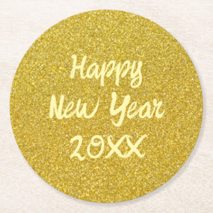 Yellow Happy New Year Round Paper Coaster