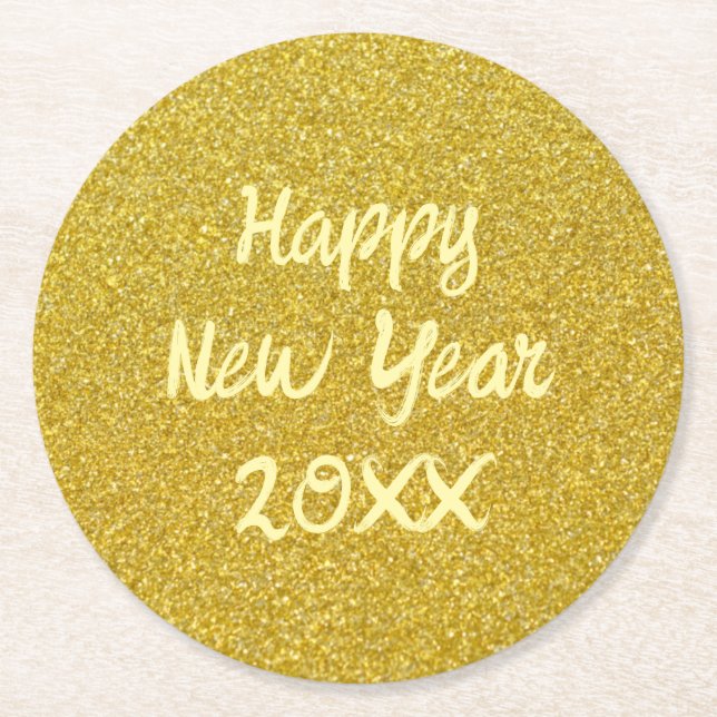 Yellow Happy New Year Round Paper Coaster (Front)