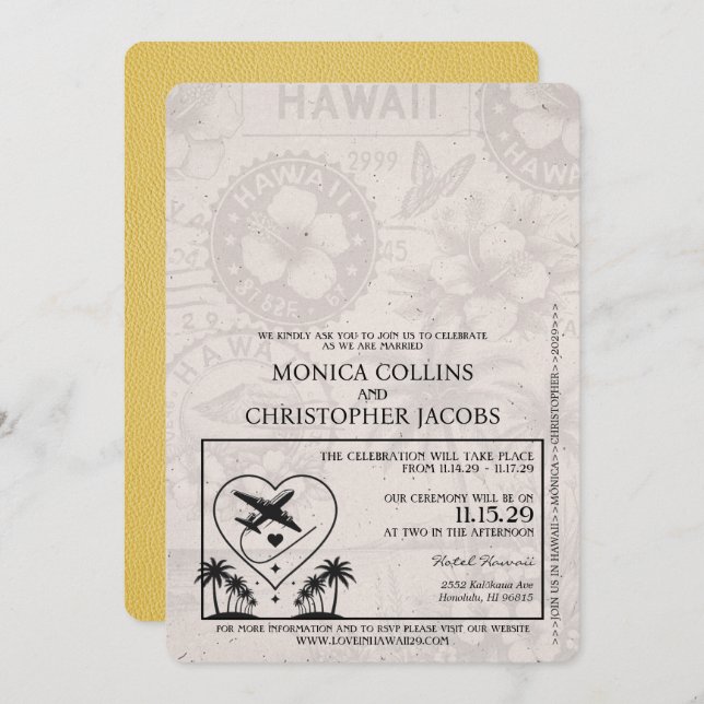Yellow Hawaii Passport Wedding Invitation (Front/Back)