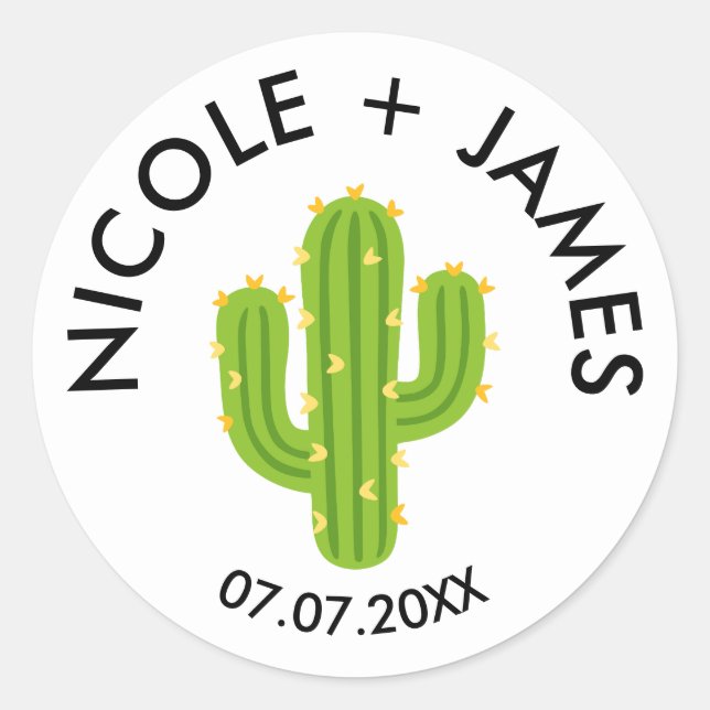 Yellow Heart Cactus Fiesta Love Wedding Classic Round Sticker (Front)