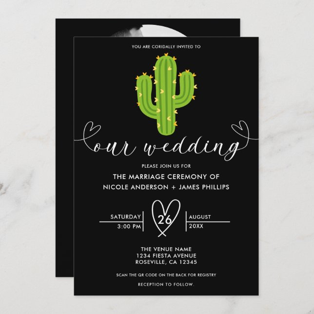 Yellow Heart Cactus Fiesta Love Wedding Invitation (Front/Back)