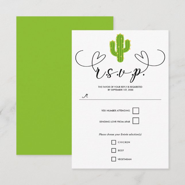 Yellow Heart Cactus Fiesta Love Wedding RSVP Card (Front/Back)