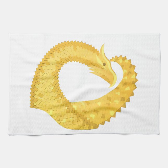 Yellow heart dragon on white tea towel (Horizontal)