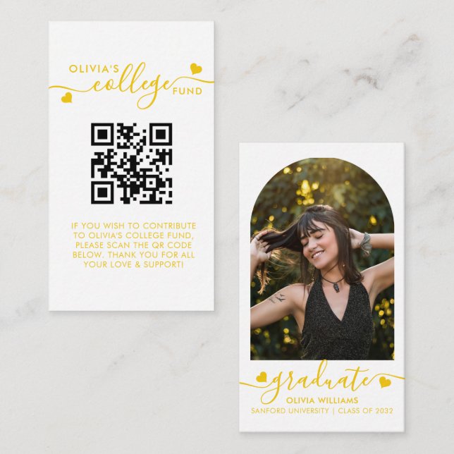 Yellow Heart Script QR Code College Fund Photo Enclosure Card (Front/Back)