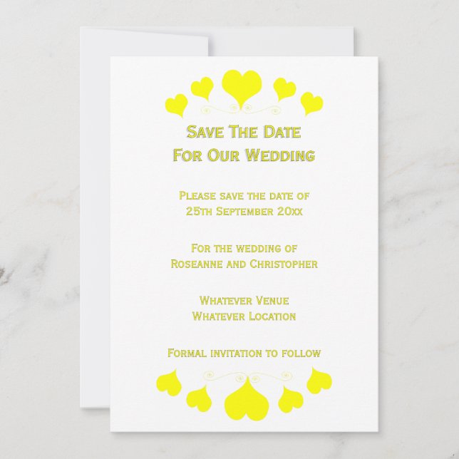 Yellow Hearts Design Wedding Save The Date (Front)
