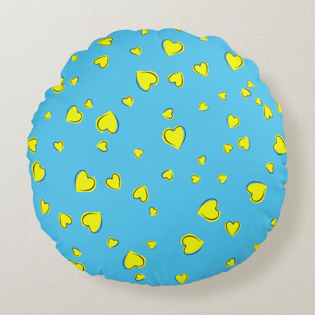 Yellow Hearts on Blue Round Cushion (Front)