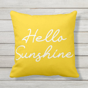 Yellow "Hello Sunshine" Outdoor Throw Pillow