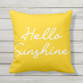 Yellow "Hello Sunshine" Outdoor Throw Pillow