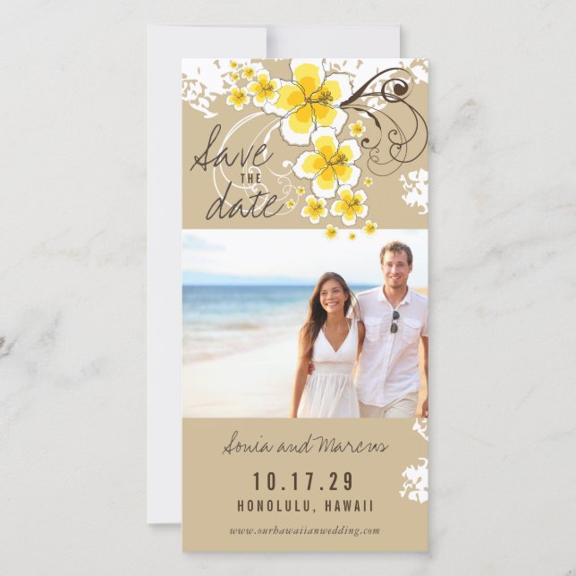 Yellow Hibiscus Beach Wedding Photo Save The Date (Front)
