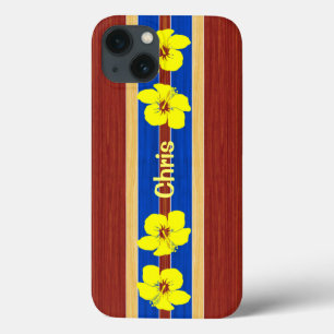 Yellow Hibiscus Fake Wood Surfboard iPhone 13 Case