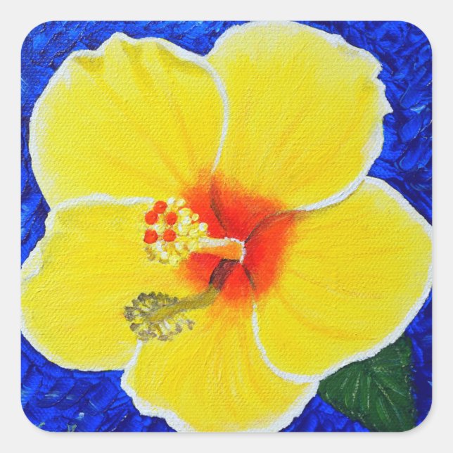 Yellow Hibiscus Flower Painting Square Sticker (Front)