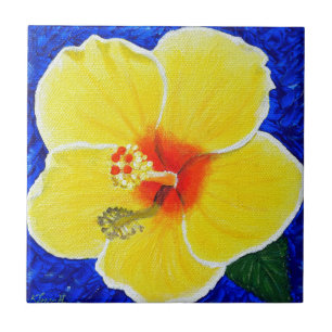 Yellow Hibiscus Flower Painting Tile