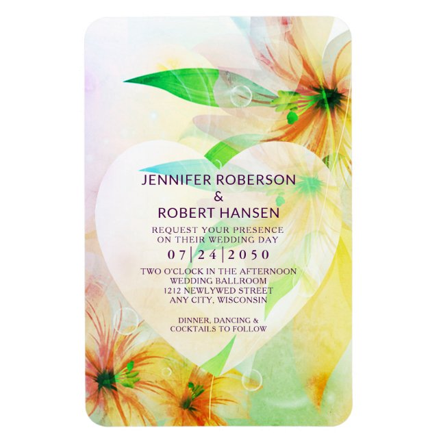 Yellow Hibiscus Flowers Heart Dewdrops Wedding Magnet (Vertical)