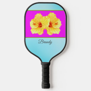 Yellow Hibiscus on Hot Pink & Aqua Personalised Pickleball Paddle