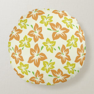 Yellow Hibiscus, Orange Hibiscus, Floral Pattern Round Cushion