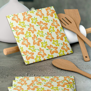 Yellow Hibiscus, Orange Hibiscus, Flowers Pattern Ceramic Tile