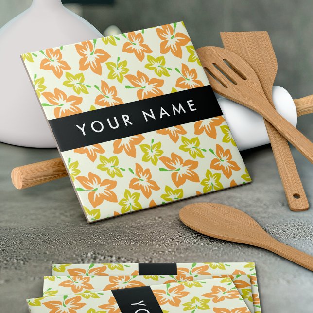 Yellow Hibiscus, Orange Hibiscus, Your Name Ceramic Tile (Creator Uploaded)