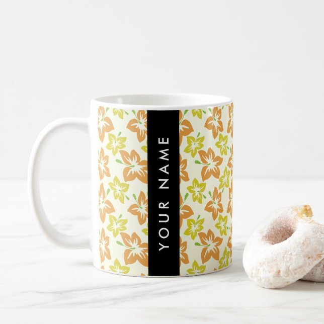 Yellow Hibiscus, Orange Hibiscus, Your Name Coffee Mug (With Donut)