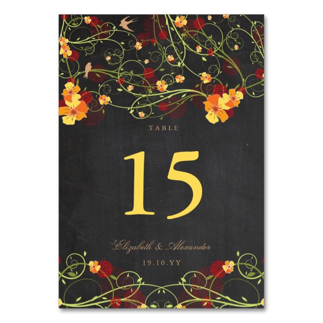 Yellow Hibiscus Swallows Floral Chalkboard Wedding Table Number (Front)