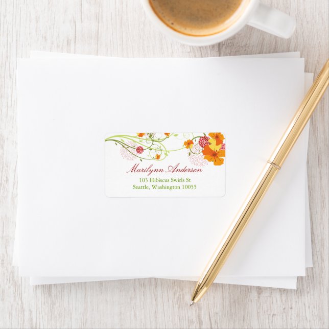 Yellow Hibiscus & Swallows Floral Wedding Address Label (Insitu)