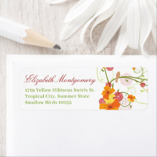 Yellow Hibiscus & Swallows Floral Wedding Address Return Address Label