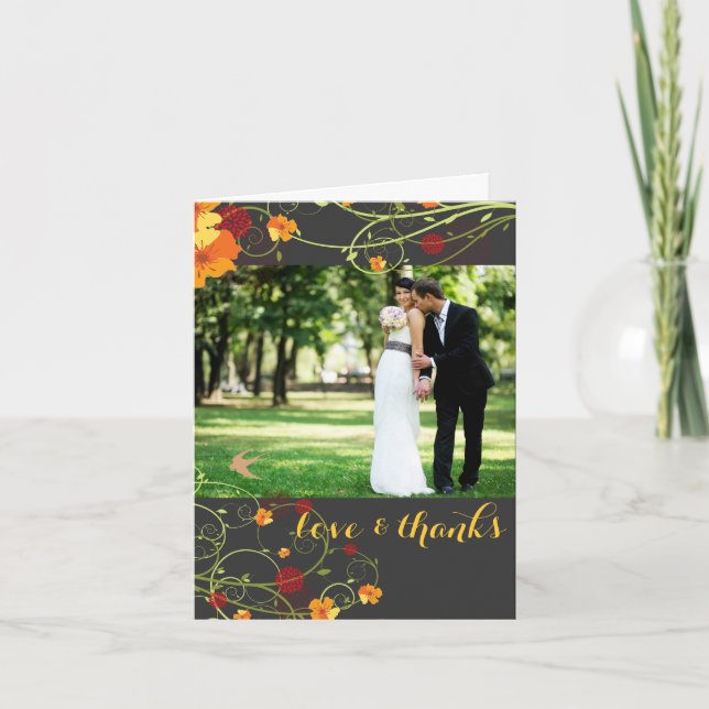 Yellow Hibiscus & Swallows Floral Wedding Photo Thank You Card (Front)