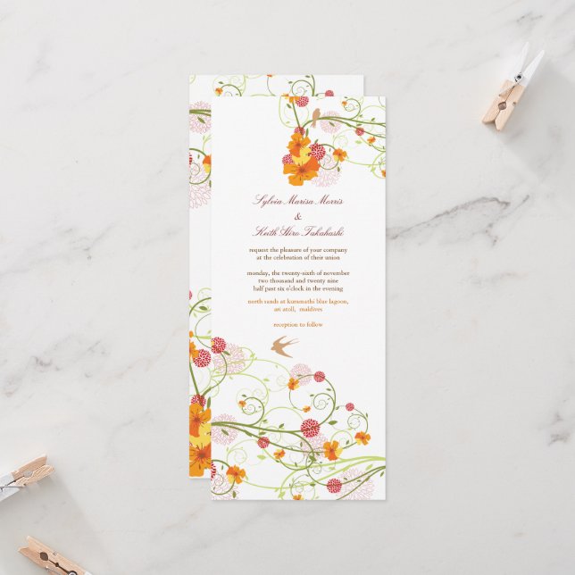Yellow Hibiscus Swirls & Swallows Floral Wedding Invitation (Front/Back In Situ)