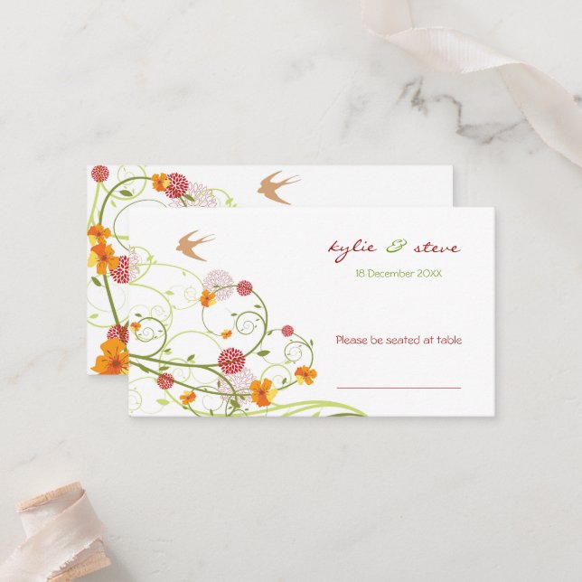 Yellow Hibiscus Swirls & Swallows Floral Wedding Place Card (Front/Back In Situ)