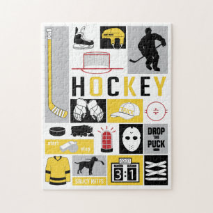 Yellow Hockey Elements Stick Puck Player Jigsaw Puzzle