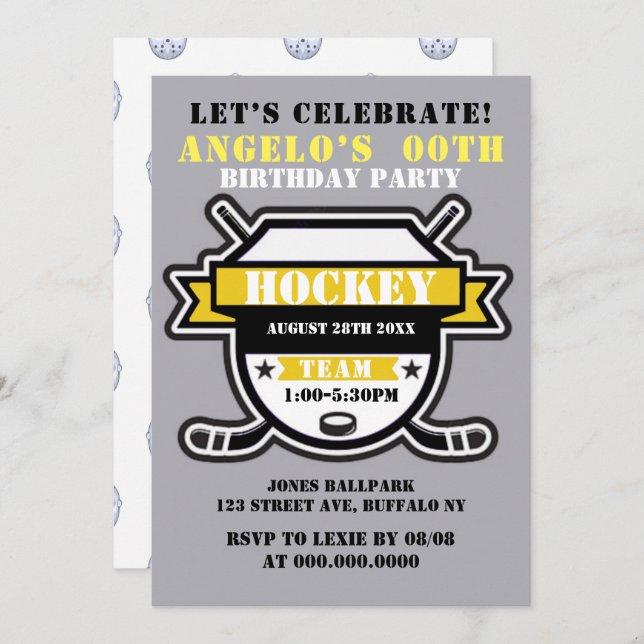 Yellow Hockey Theme Birthday Party Invites (Front/Back)