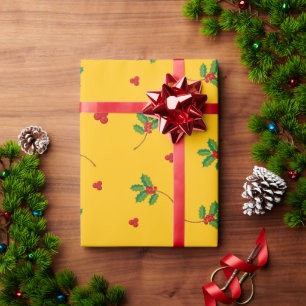 Yellow Holly Berry Christmas Wrapping Paper