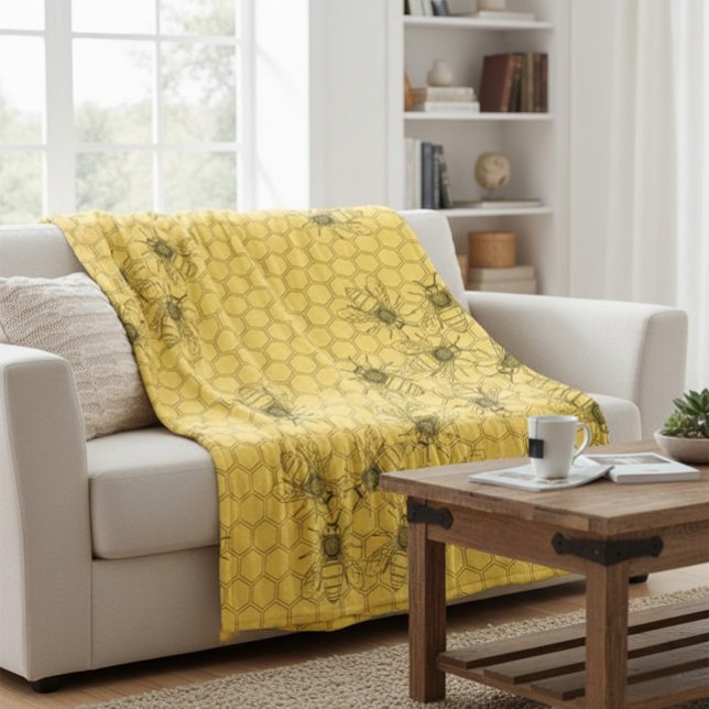 Yellow Honey Bees & Honeycombs Fleece Blanket (Creator Uploaded)