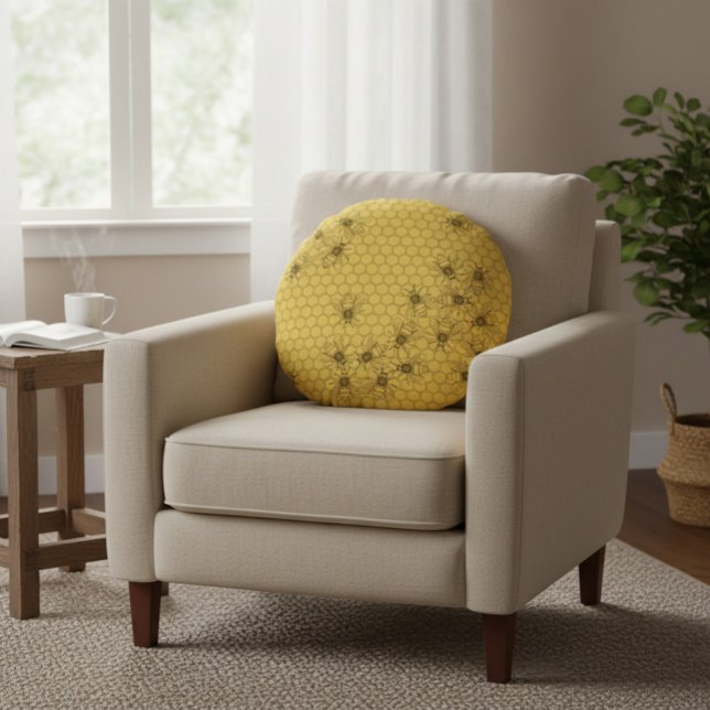 Yellow Honey Bees & Honeycombs Round Cushion (Creator Uploaded)