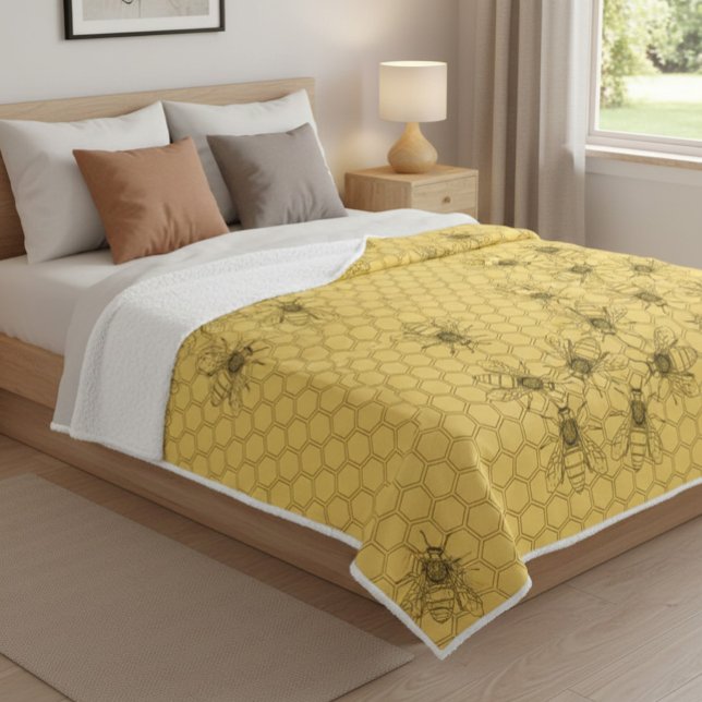 Yellow Honey Bees & Honeycombs Sherpa Blanket (Creator Uploaded)