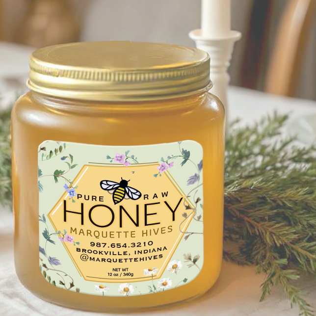 Yellow Honey Hexagon Label Wildflower Border & Bee (Creator Uploaded)