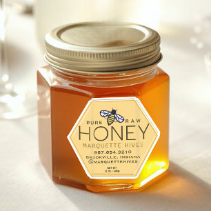 Yellow Honey Hexagon Label with Bees and Honeycomb