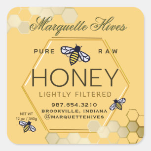 Yellow Honey Hexagon Label with Bees and Honeycomb