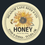 Yellow Honey Label with Sunflower and Honeybee<br><div class="desc">Personalise with your apiary name,  product (honey),  net weight,  and beekeeper name and address. Vintage Sunflower illustration on a yellow background. Realistic honeybee hovering alongside flower.</div>