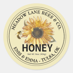 Yellow Honey Label with Sunflower and Honeybee