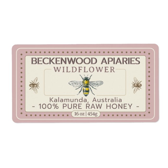 Yellow Honeybee Honey Label Apiary Rose Border (Front)