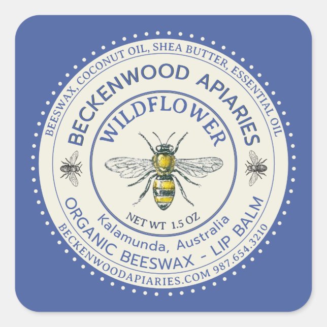 Yellow Honeybee LIP BALM Label Beekeeper Blue     (Front)