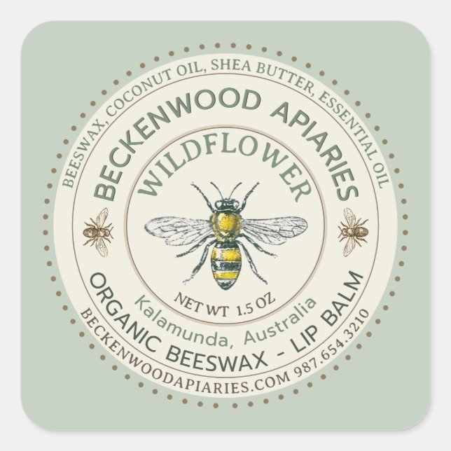 Yellow Honeybee LIP BALM Label Beekeeper Sage      (Front)