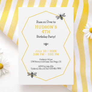 Yellow Honeycomb Bee Day Simple 4th Birthday Party Invitation